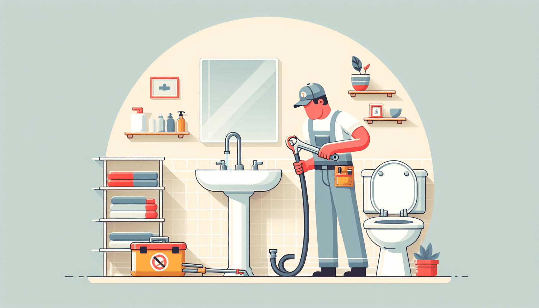 Plumber demonstrating drain cleaning in a modern bathroom
